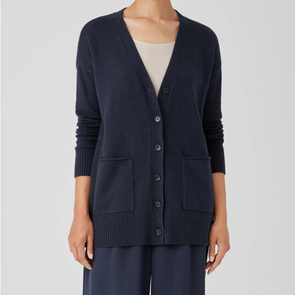 EILEEN  FISHER V-neck cardigan navy blue small organic cotton